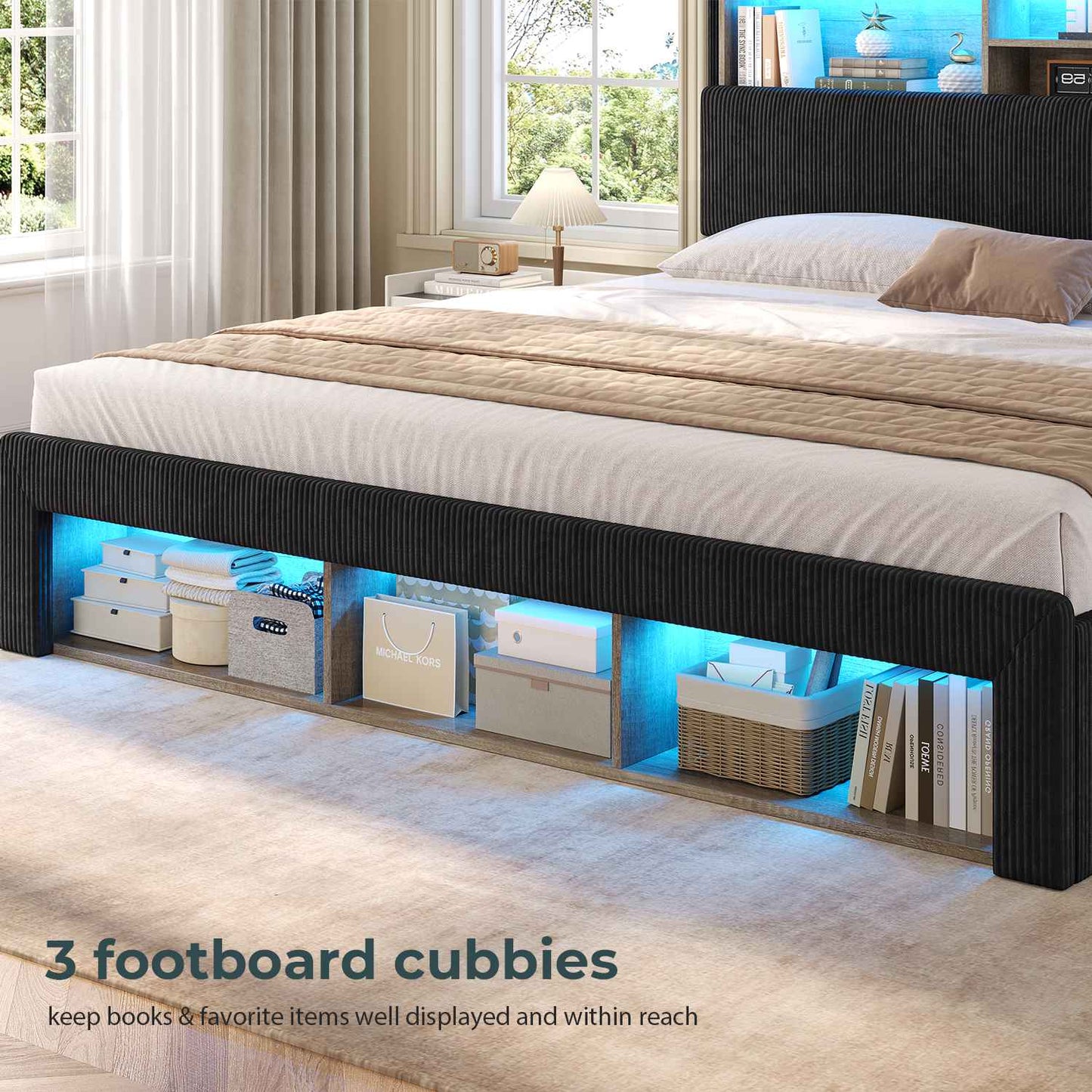 ADORNEVE California King Bed Frames with 4 Storage Drawers and Footboard Cubbies RGB Corduroy Upholstered Platform Bed with Power Outlets and Storage Headboard