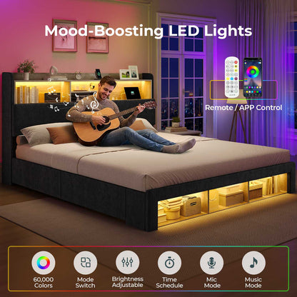 ADORNEVE California King Bed Frames with 4 Storage Drawers and Footboard Cubbies RGB Corduroy Upholstered Platform Bed with Power Outlets and Storage Headboard