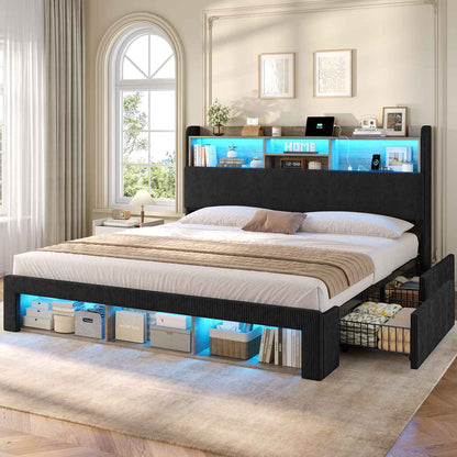 ADORNEVE California King Bed Frames with 4 Storage Drawers and Footboard Cubbies RGB Corduroy Upholstered Platform Bed with Power Outlets and Storage Headboard
