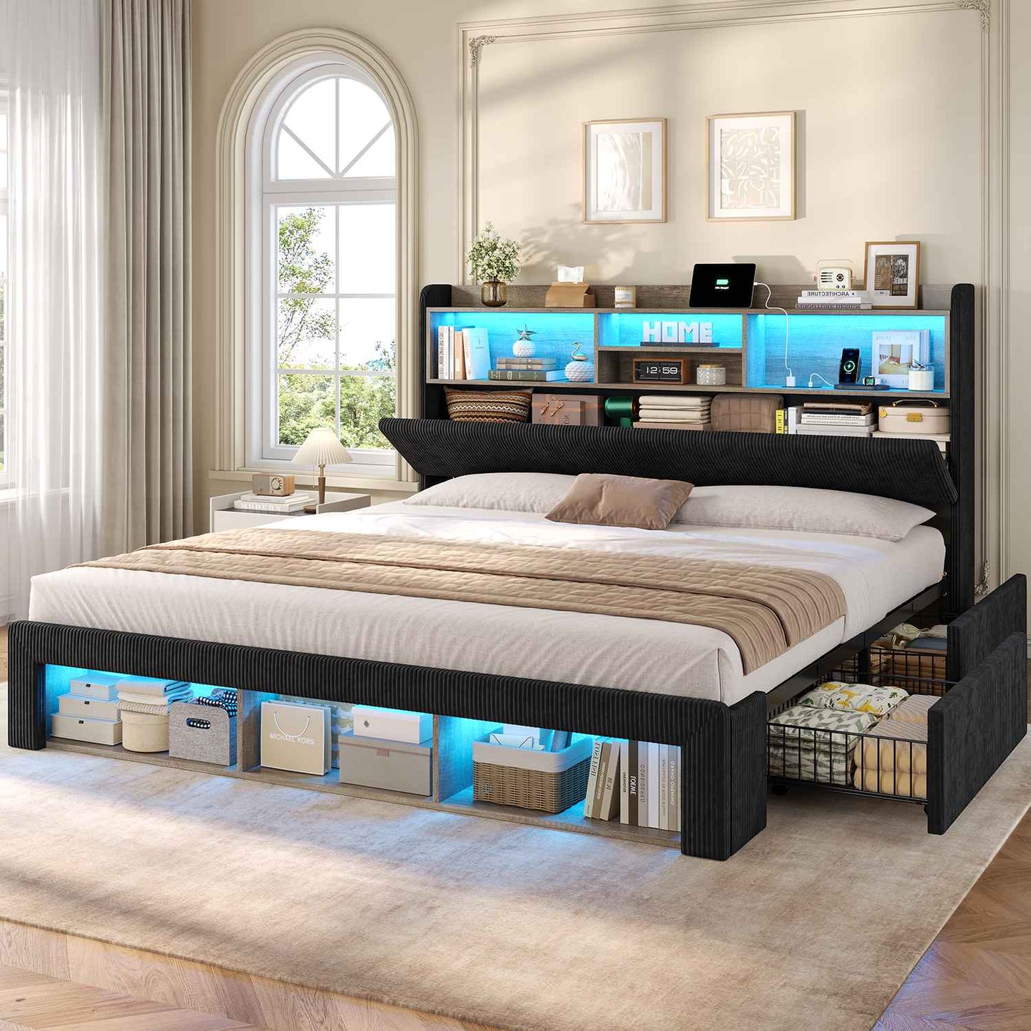 ADORNEVE California King Bed Frames with 4 Storage Drawers and Footboard Cubbies RGB Corduroy Upholstered Platform Bed with Power Outlets and Storage Headboard