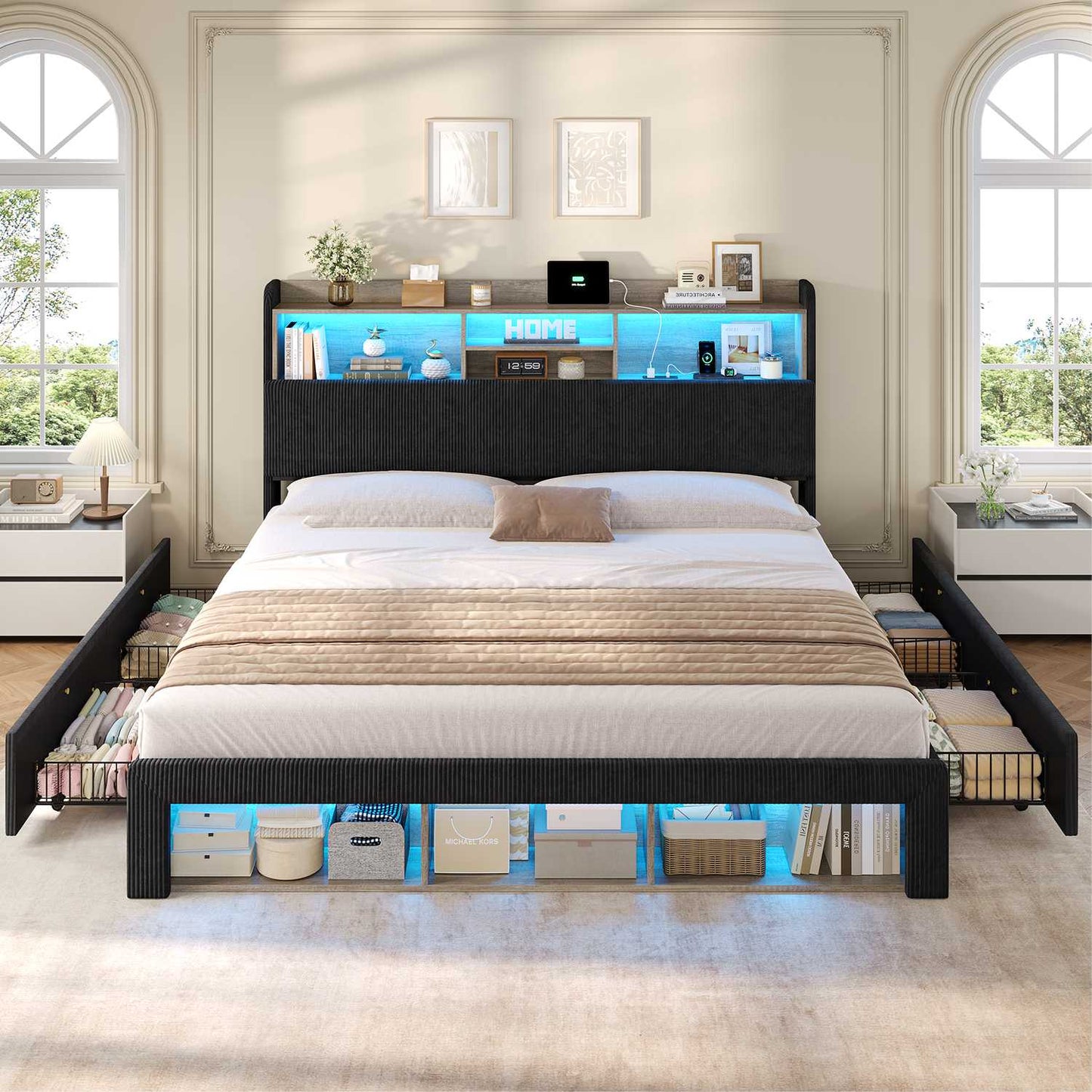 ADORNEVE California King Bed Frames with 4 Storage Drawers and Footboard Cubbies RGB Corduroy Upholstered Platform Bed with Power Outlets and Storage Headboard