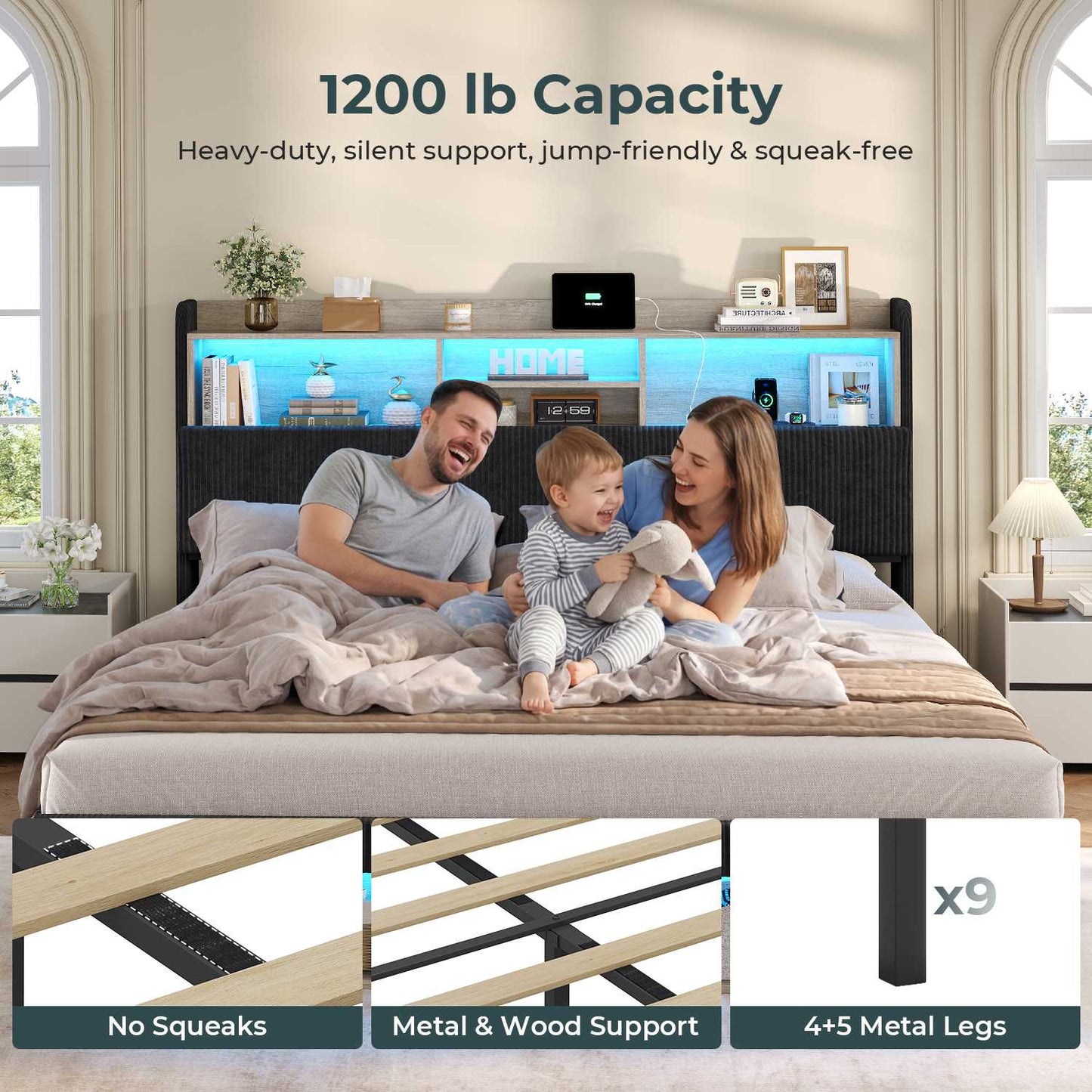 ADORNEVE California King Bed Frames with 4 Storage Drawers and Footboard Cubbies RGB Corduroy Upholstered Platform Bed with Power Outlets and Storage Headboard