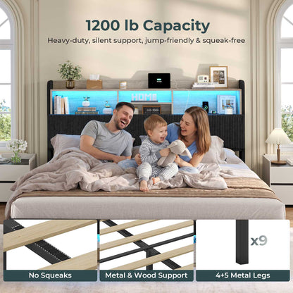 ADORNEVE California King Bed Frames with 4 Storage Drawers and Footboard Cubbies RGB Corduroy Upholstered Platform Bed with Power Outlets and Storage Headboard