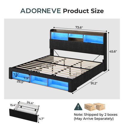 ADORNEVE California King Bed Frames with 4 Storage Drawers and Footboard Cubbies RGB Corduroy Upholstered Platform Bed with Power Outlets and Storage Headboard