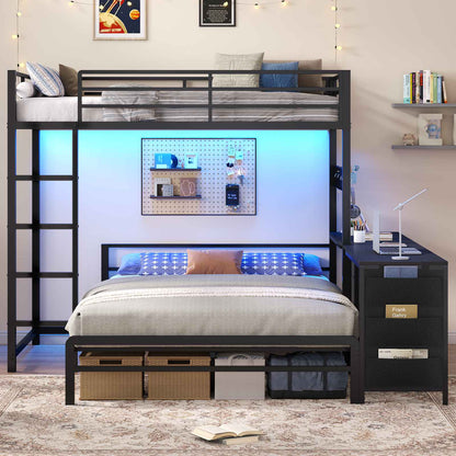 ADORNEVE Bunk Beds Twin Over Full with 2 Person Desk and 4 Storage Drawers Power Strips Metal LED Bunk Bed with Power Strips and Pegboard Safety Guardrail