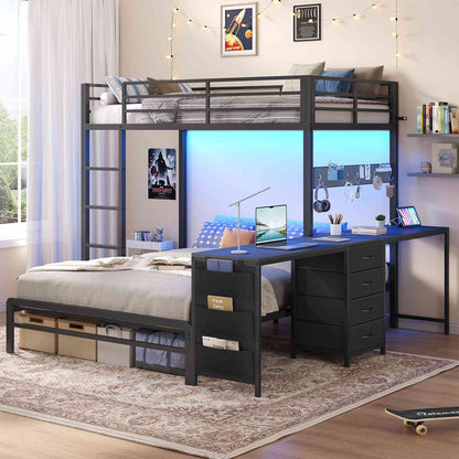 ADORNEVE Bunk Beds Twin Over Full with 2 Person Desk and 4 Storage Drawers Power Strips Metal LED Bunk Bed with Power Strips and Pegboard Safety Guardrail