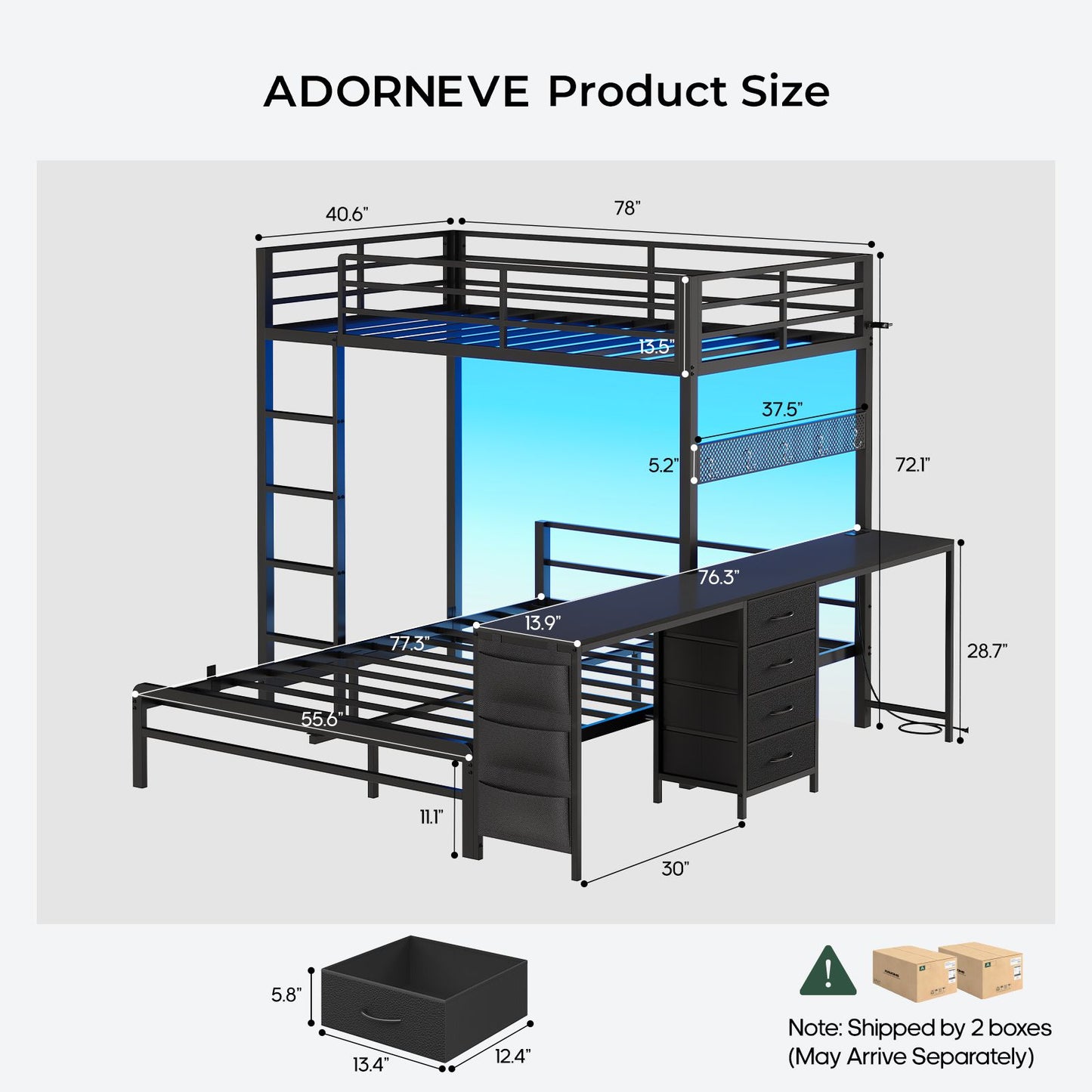 ADORNEVE Bunk Beds Twin Over Full with 2 Person Desk and 4 Storage Drawers Power Strips Metal LED Bunk Bed with Power Strips and Pegboard Safety Guardrail