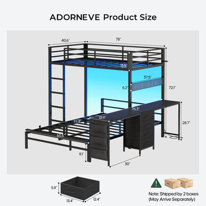 ADORNEVE Bunk Beds Twin Over Full with 2 Person Desk and 4 Storage Drawers Power Strips Metal LED Bunk Bed with Power Strips and Pegboard Safety Guardrail