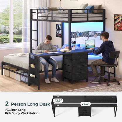 ADORNEVE Bunk Beds Twin Over Full with 2 Person Desk and 4 Storage Drawers Power Strips Metal LED Bunk Bed with Power Strips and Pegboard Safety Guardrail