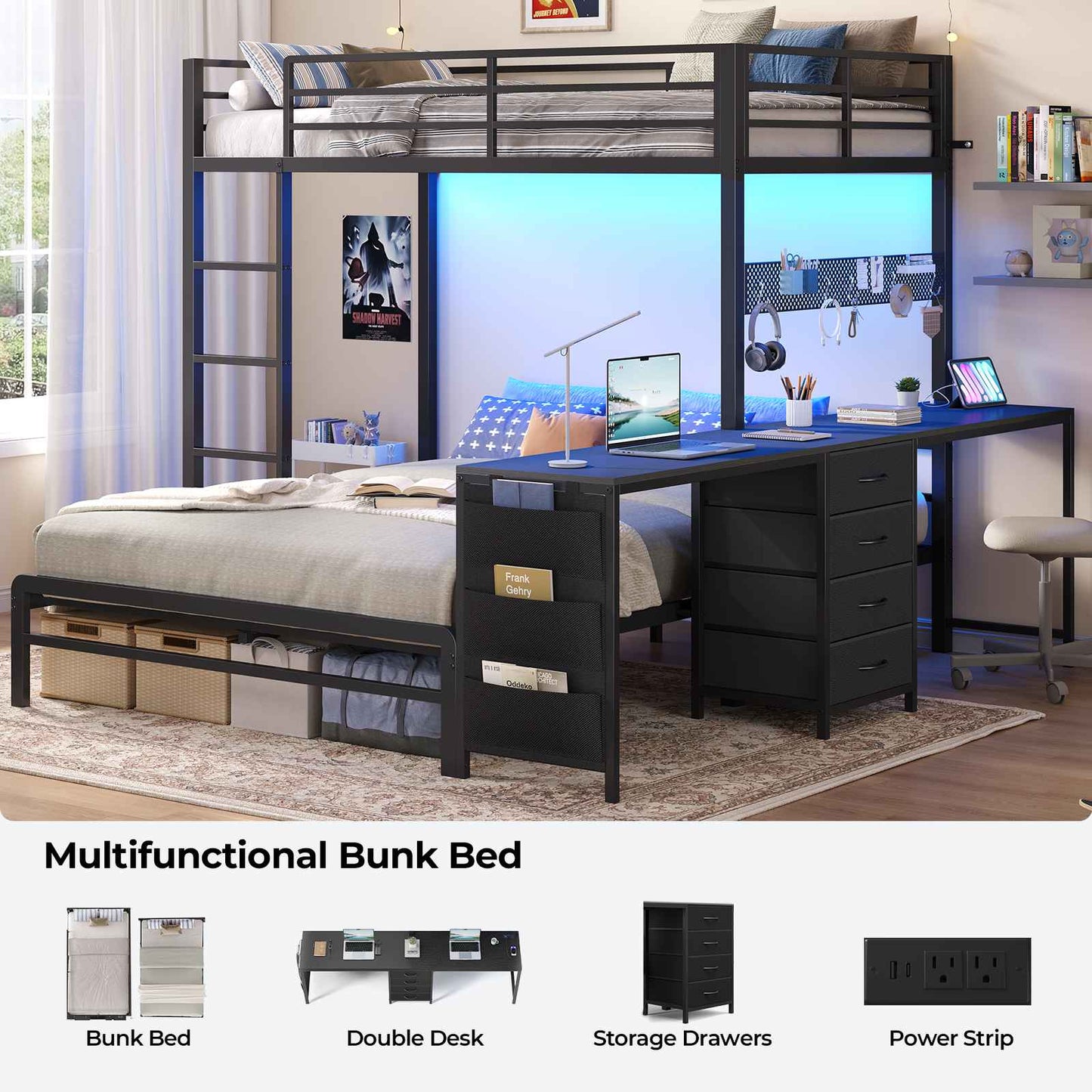ADORNEVE Bunk Beds Twin Over Full with 2 Person Desk and 4 Storage Drawers Power Strips Metal LED Bunk Bed with Power Strips and Pegboard Safety Guardrail