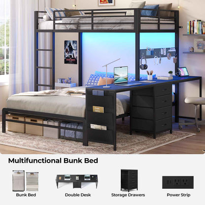 ADORNEVE Bunk Beds Twin Over Full with 2 Person Desk and 4 Storage Drawers Power Strips Metal LED Bunk Bed with Power Strips and Pegboard Safety Guardrail