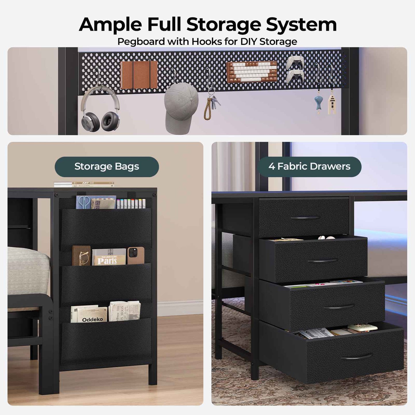ADORNEVE Bunk Beds Twin Over Full with 2 Person Desk and 4 Storage Drawers Power Strips Metal LED Bunk Bed with Power Strips and Pegboard Safety Guardrail