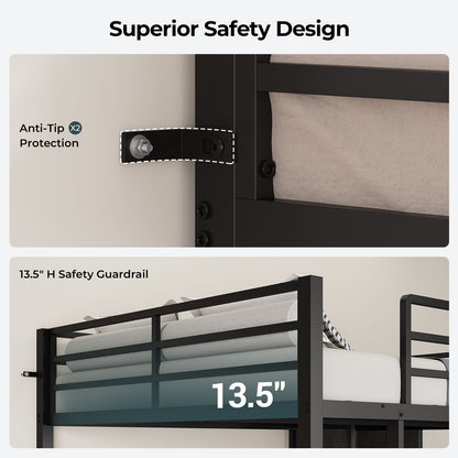 ADORNEVE Bunk Beds Twin Over Full with 2 Person Desk and 4 Storage Drawers Power Strips Metal LED Bunk Bed with Power Strips and Pegboard Safety Guardrail