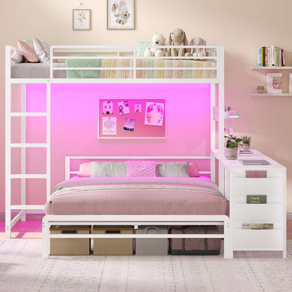 ADORNEVE Bunk Beds Twin Over Full with 2 Person Desk and 4 Storage Drawers Power Strips Metal LED Bunk Bed with Power Strips and Pegboard Safety Guardrail