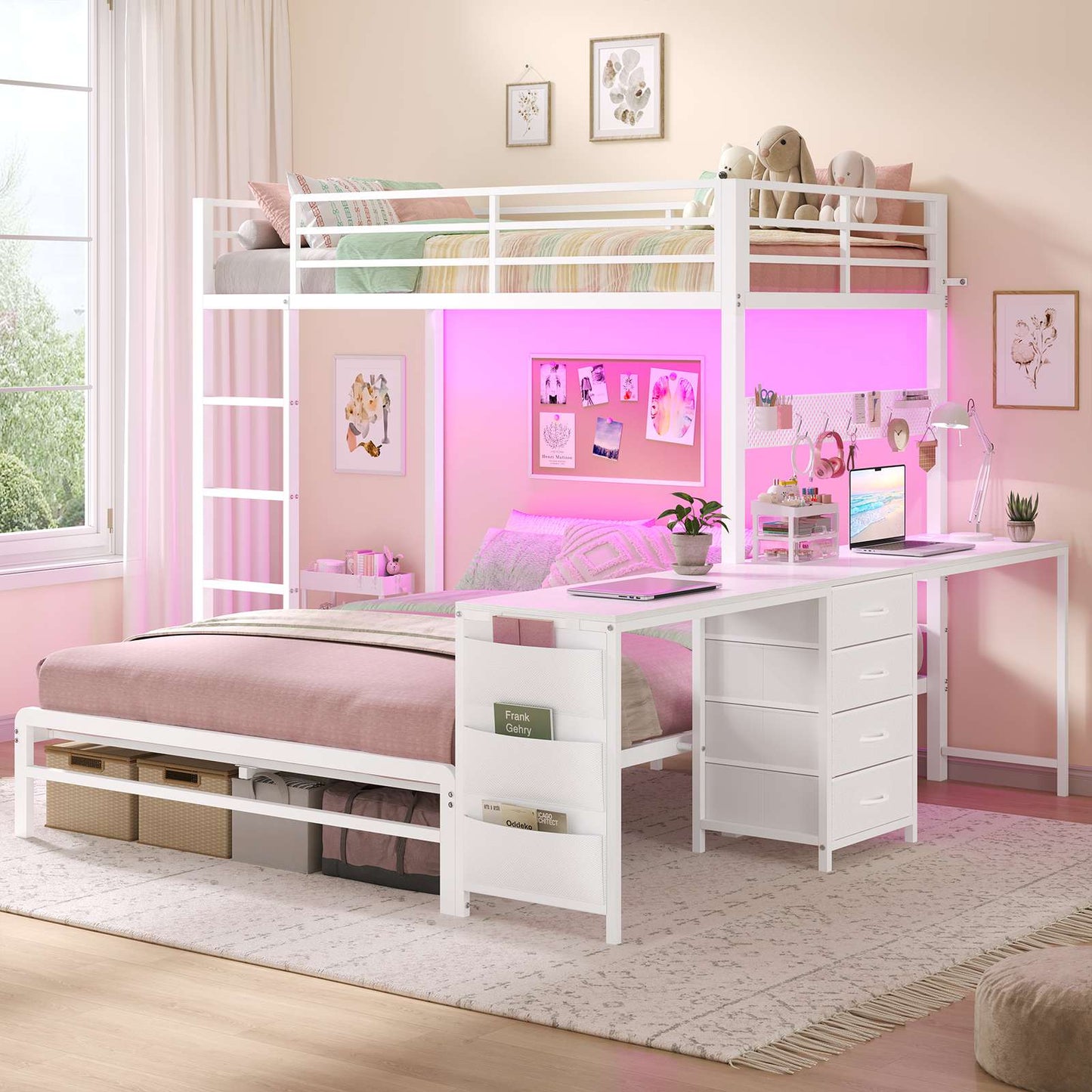 ADORNEVE Bunk Beds Twin Over Full with 2 Person Desk and 4 Storage Drawers Power Strips Metal LED Bunk Bed with Power Strips and Pegboard Safety Guardrail
