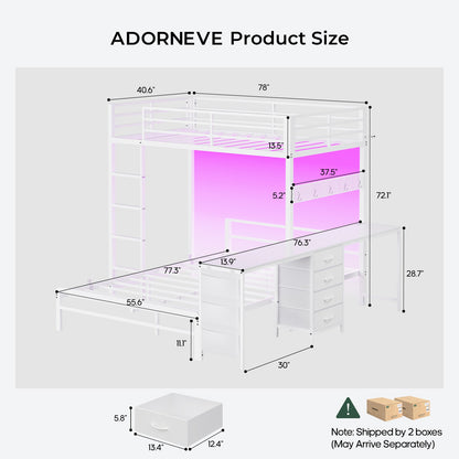 ADORNEVE Bunk Beds Twin Over Full with 2 Person Desk and 4 Storage Drawers Power Strips Metal LED Bunk Bed with Power Strips and Pegboard Safety Guardrail
