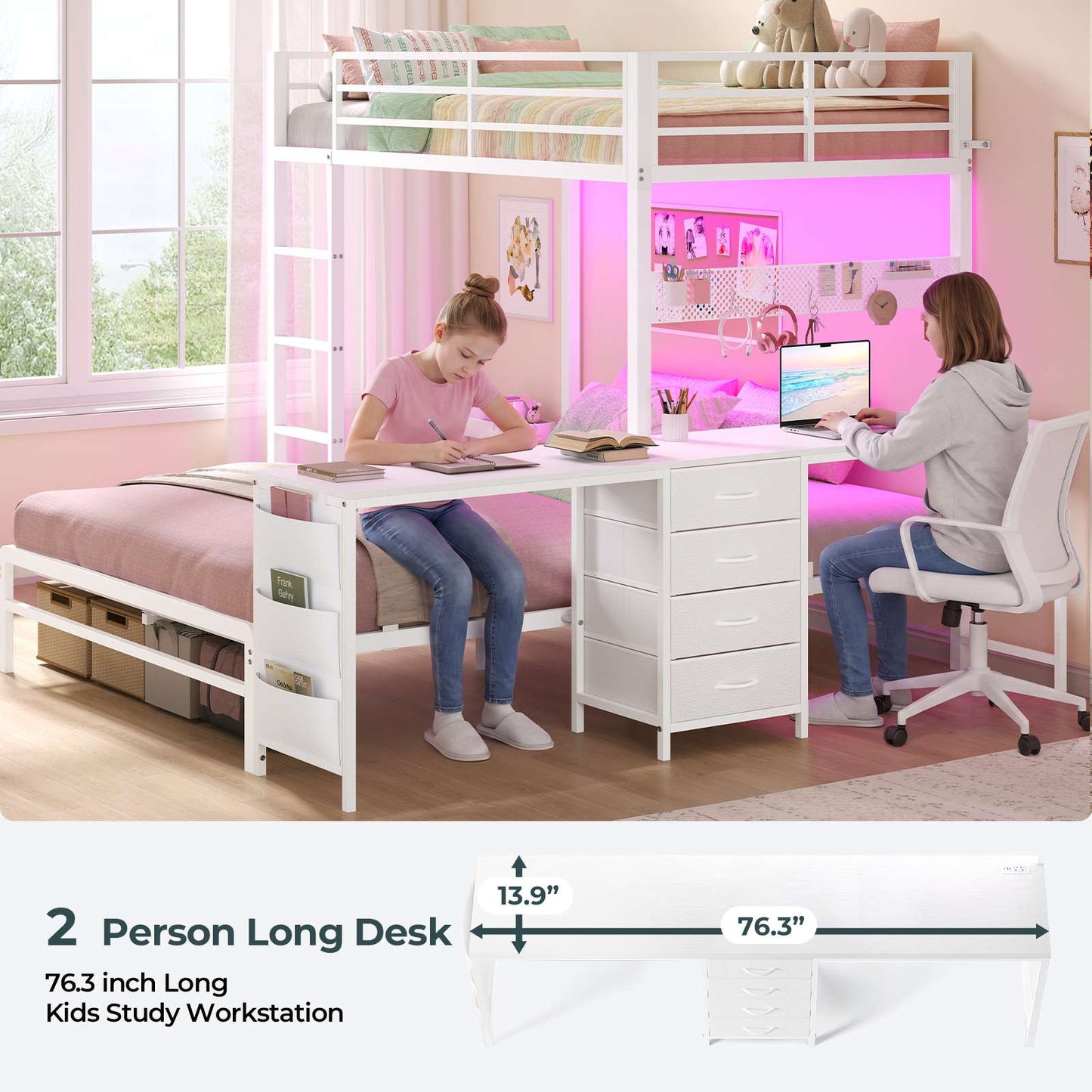 ADORNEVE Bunk Beds Twin Over Full with 2 Person Desk and 4 Storage Drawers Power Strips Metal LED Bunk Bed with Power Strips and Pegboard Safety Guardrail