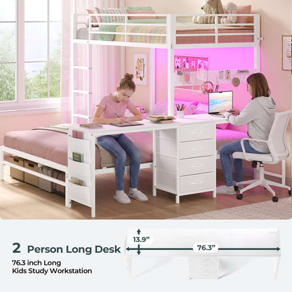 ADORNEVE Bunk Beds Twin Over Full with 2 Person Desk and 4 Storage Drawers Power Strips Metal LED Bunk Bed with Power Strips and Pegboard Safety Guardrail