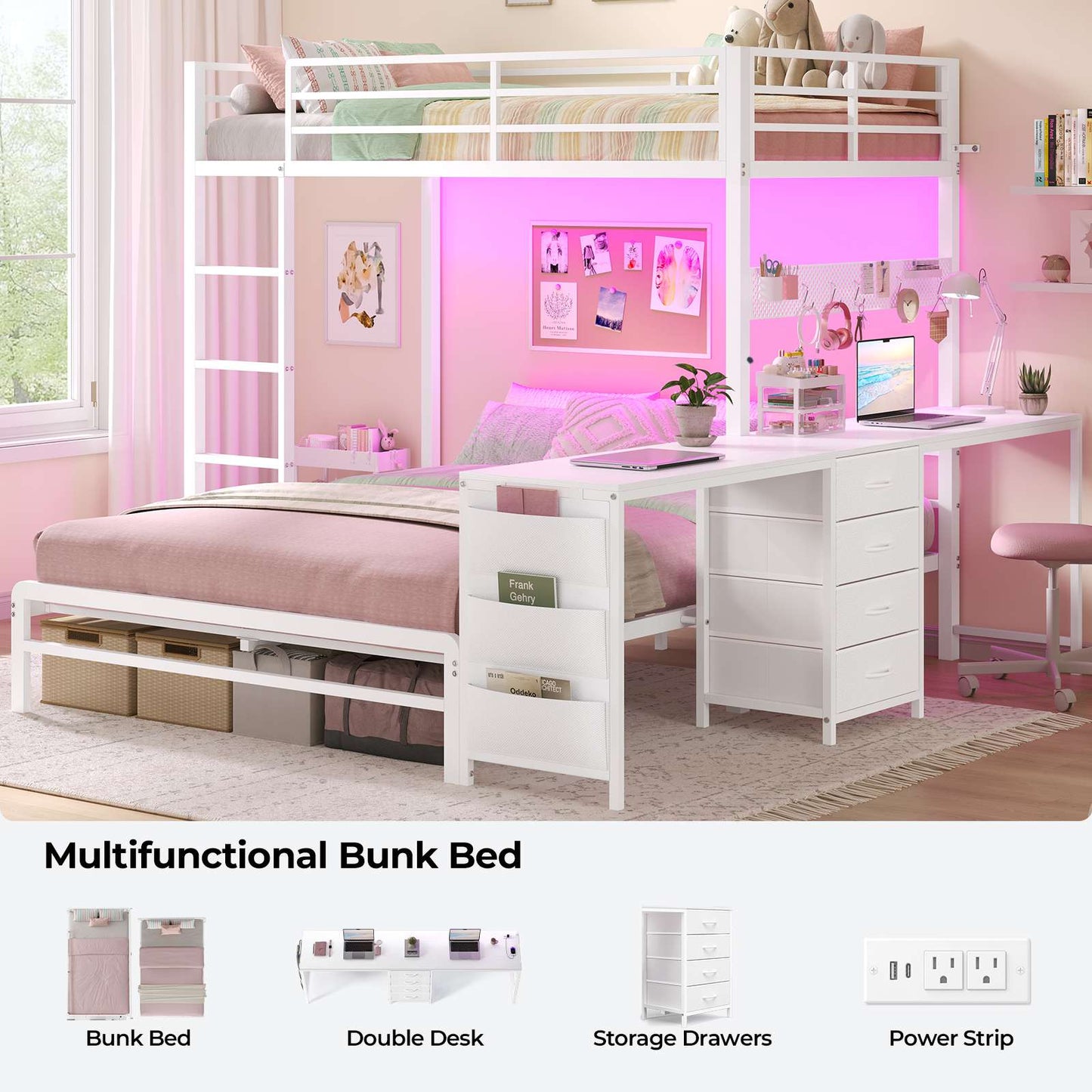 ADORNEVE Bunk Beds Twin Over Full with 2 Person Desk and 4 Storage Drawers Power Strips Metal LED Bunk Bed with Power Strips and Pegboard Safety Guardrail