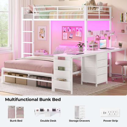 ADORNEVE Bunk Beds Twin Over Full with 2 Person Desk and 4 Storage Drawers Power Strips Metal LED Bunk Bed with Power Strips and Pegboard Safety Guardrail