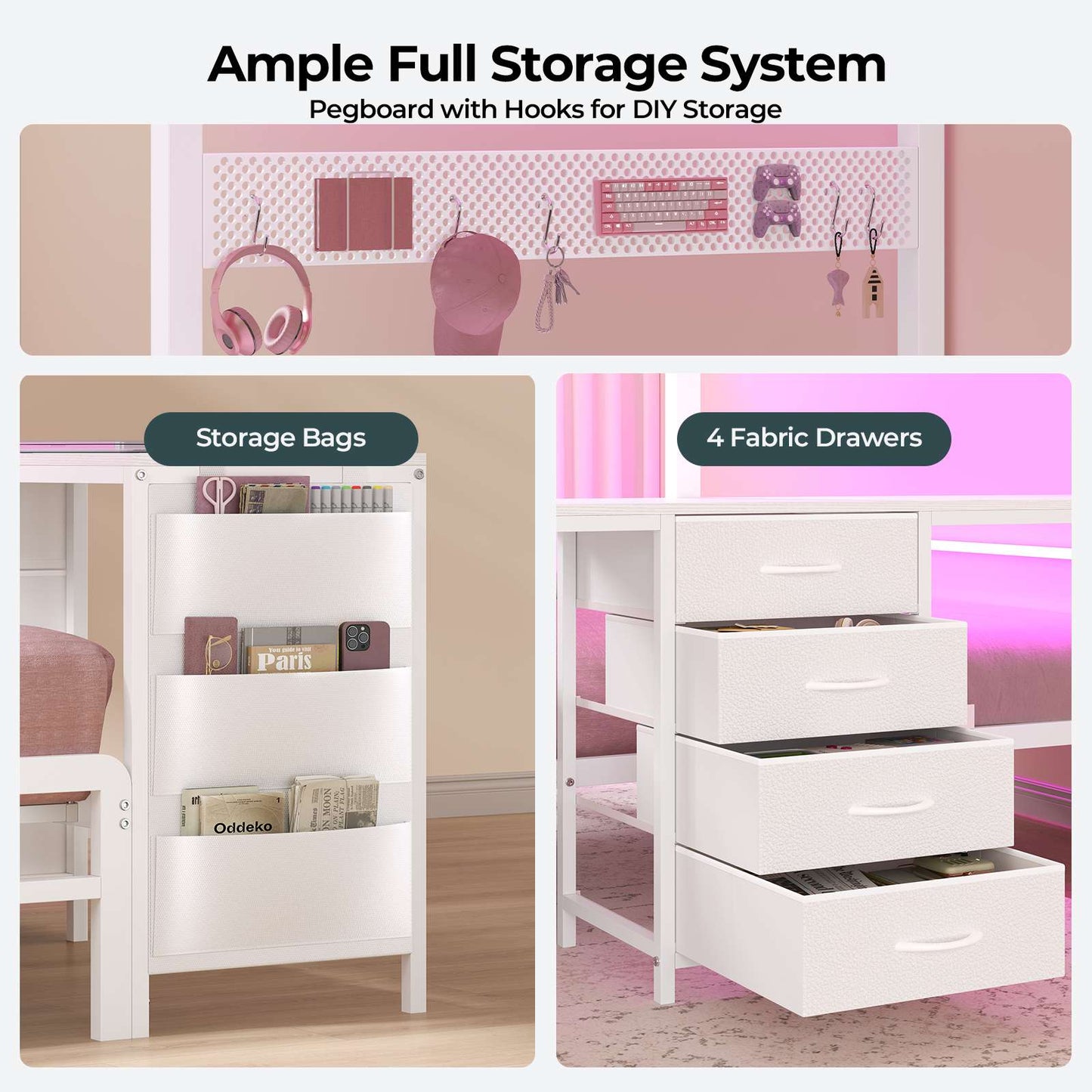 ADORNEVE Bunk Beds Twin Over Full with 2 Person Desk and 4 Storage Drawers Power Strips Metal LED Bunk Bed with Power Strips and Pegboard Safety Guardrail