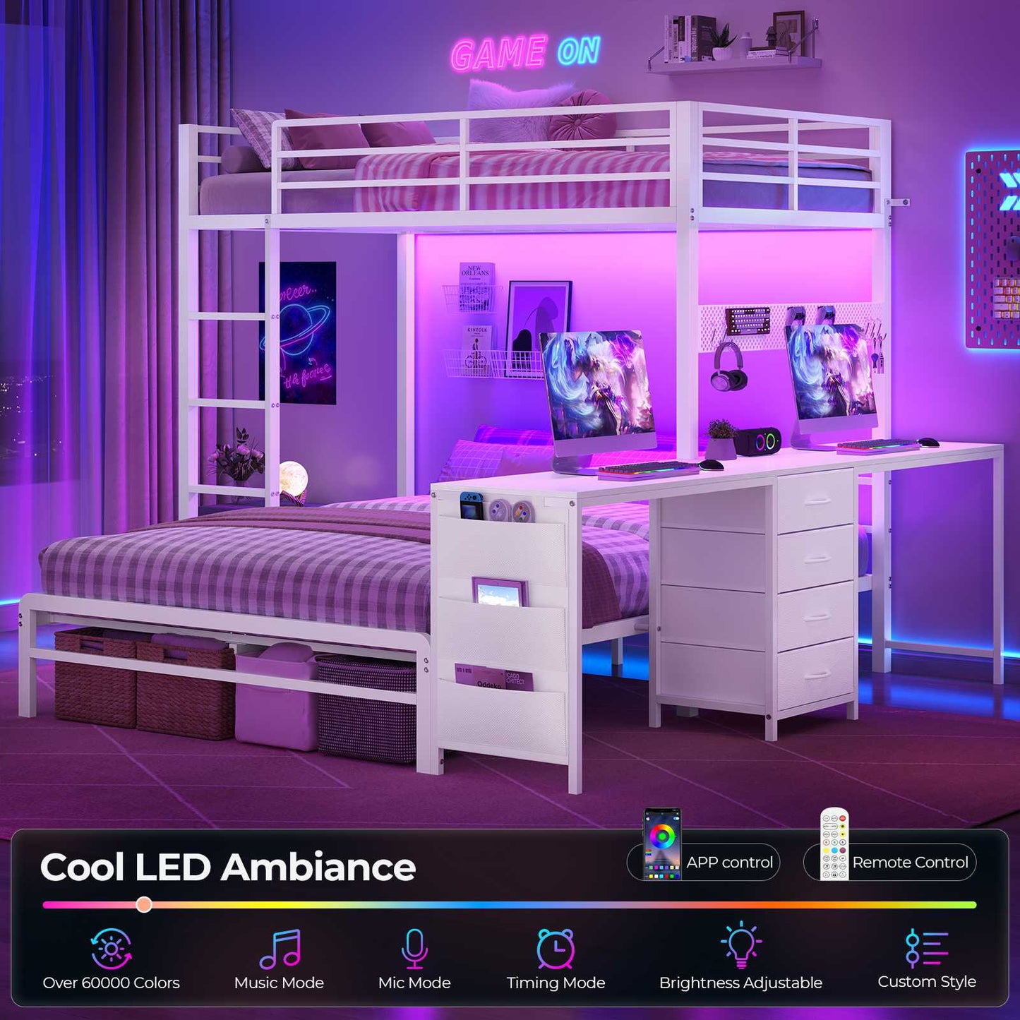 ADORNEVE Bunk Beds Twin Over Full with 2 Person Desk and 4 Storage Drawers Power Strips Metal LED Bunk Bed with Power Strips and Pegboard Safety Guardrail