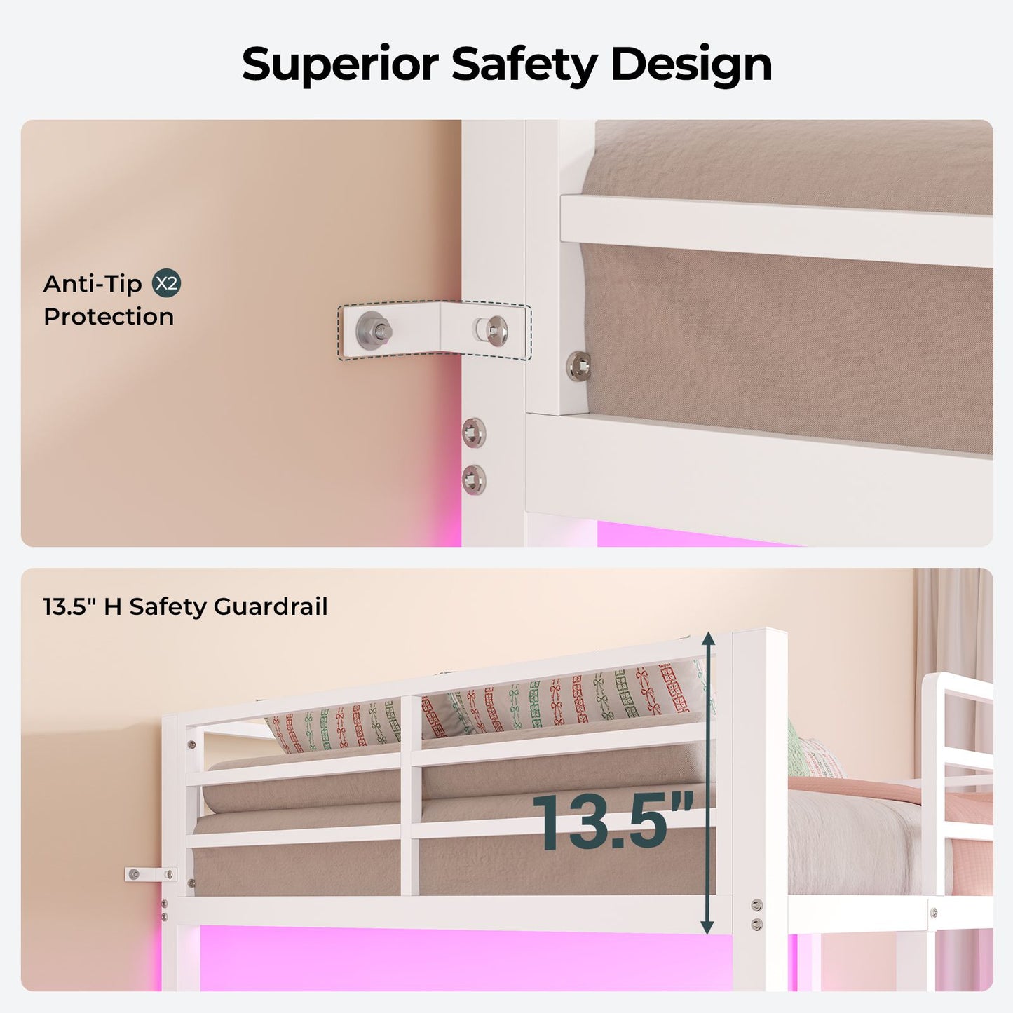 ADORNEVE Bunk Beds Twin Over Full with 2 Person Desk and 4 Storage Drawers Power Strips Metal LED Bunk Bed with Power Strips and Pegboard Safety Guardrail