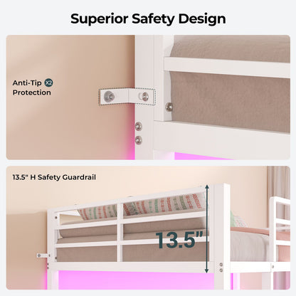 ADORNEVE Bunk Beds Twin Over Full with 2 Person Desk and 4 Storage Drawers Power Strips Metal LED Bunk Bed with Power Strips and Pegboard Safety Guardrail