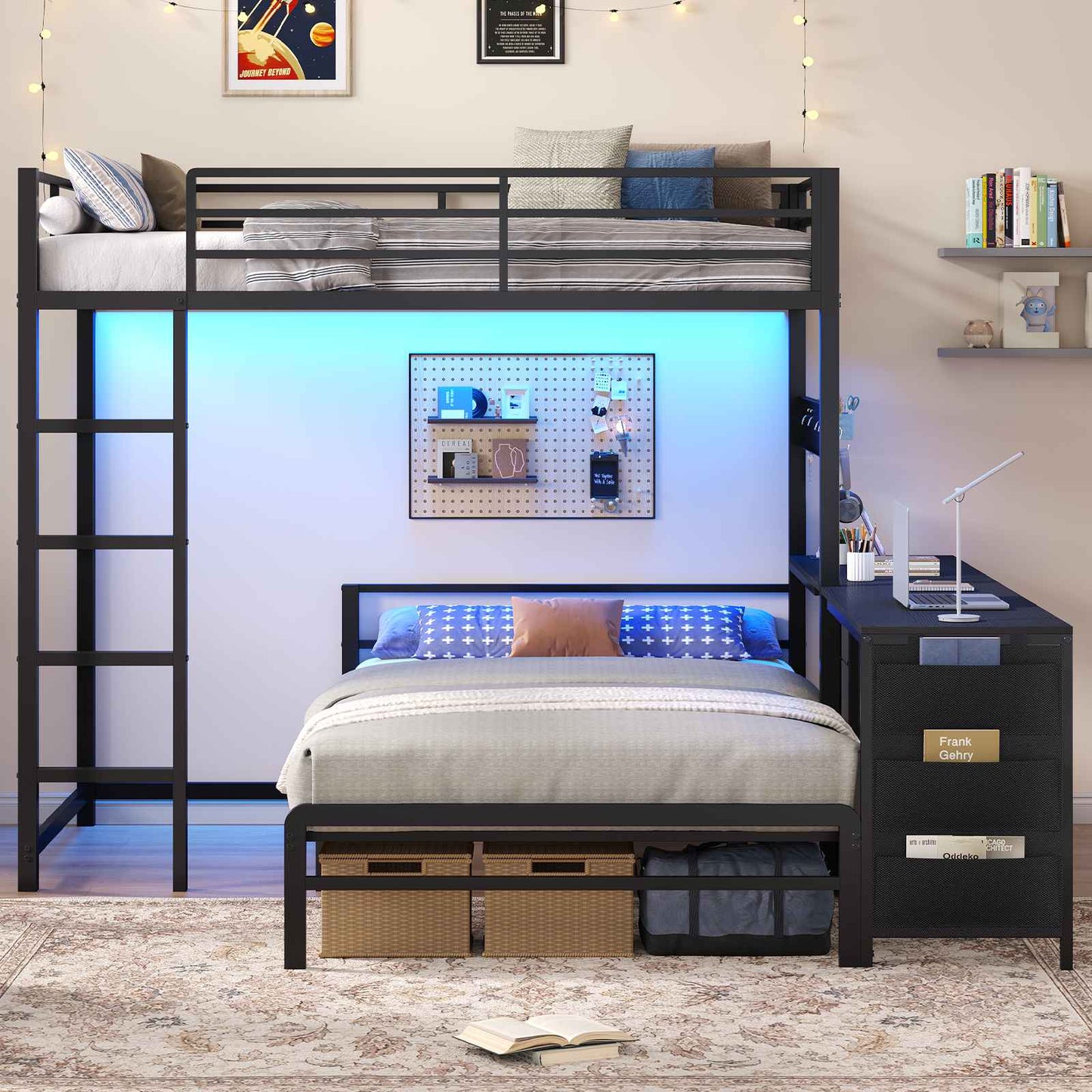 ADORNEVE Bunk Bed Twin Over Twin with 2 Person Desk and 4 Storage Drawers Metal LED Twin Bunk Bed with Power Strips and Pegboard Safety Guardrail