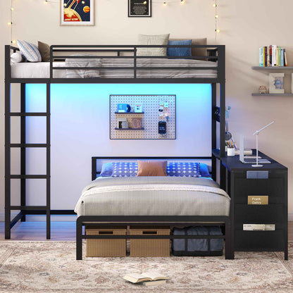 ADORNEVE Bunk Bed Twin Over Twin with 2 Person Desk and 4 Storage Drawers Metal LED Twin Bunk Bed with Power Strips and Pegboard Safety Guardrail