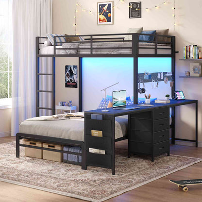 ADORNEVE Bunk Bed Twin Over Twin with 2 Person Desk and 4 Storage Drawers Metal LED Twin Bunk Bed with Power Strips and Pegboard Safety Guardrail