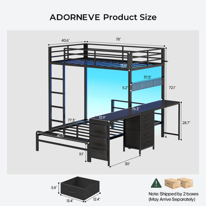 ADORNEVE Bunk Bed Twin Over Twin with 2 Person Desk and 4 Storage Drawers Metal LED Twin Bunk Bed with Power Strips and Pegboard Safety Guardrail