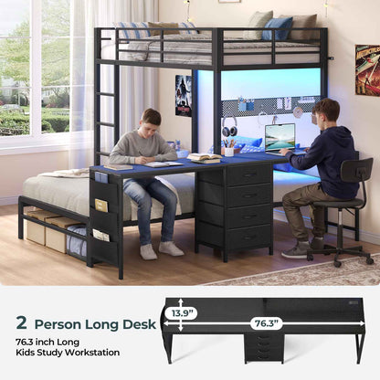 ADORNEVE Bunk Bed Twin Over Twin with 2 Person Desk and 4 Storage Drawers Metal LED Twin Bunk Bed with Power Strips and Pegboard Safety Guardrail