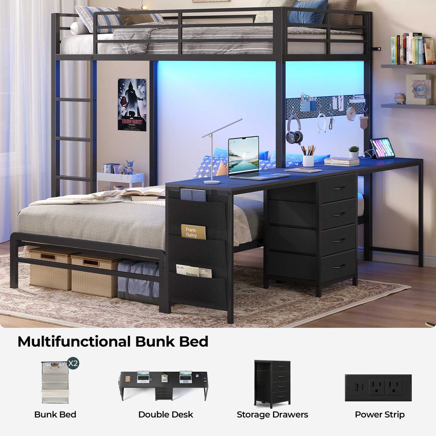 ADORNEVE Bunk Bed Twin Over Twin with 2 Person Desk and 4 Storage Drawers Metal LED Twin Bunk Bed with Power Strips and Pegboard Safety Guardrail