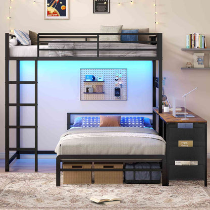 ADORNEVE Bunk Bed Twin Over Twin with 2 Person Desk and 4 Storage Drawers Metal LED Twin Bunk Bed with Power Strips and Pegboard Safety Guardrail