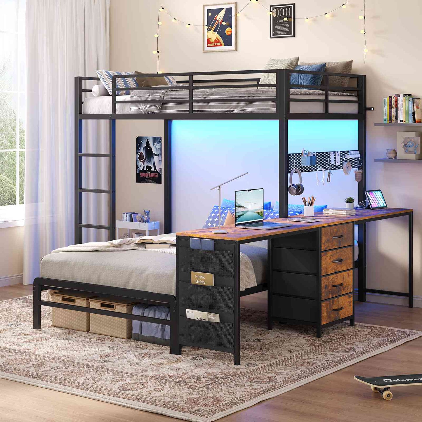 ADORNEVE Bunk Bed Twin Over Twin with 2 Person Desk and 4 Storage Drawers Metal LED Twin Bunk Bed with Power Strips and Pegboard Safety Guardrail