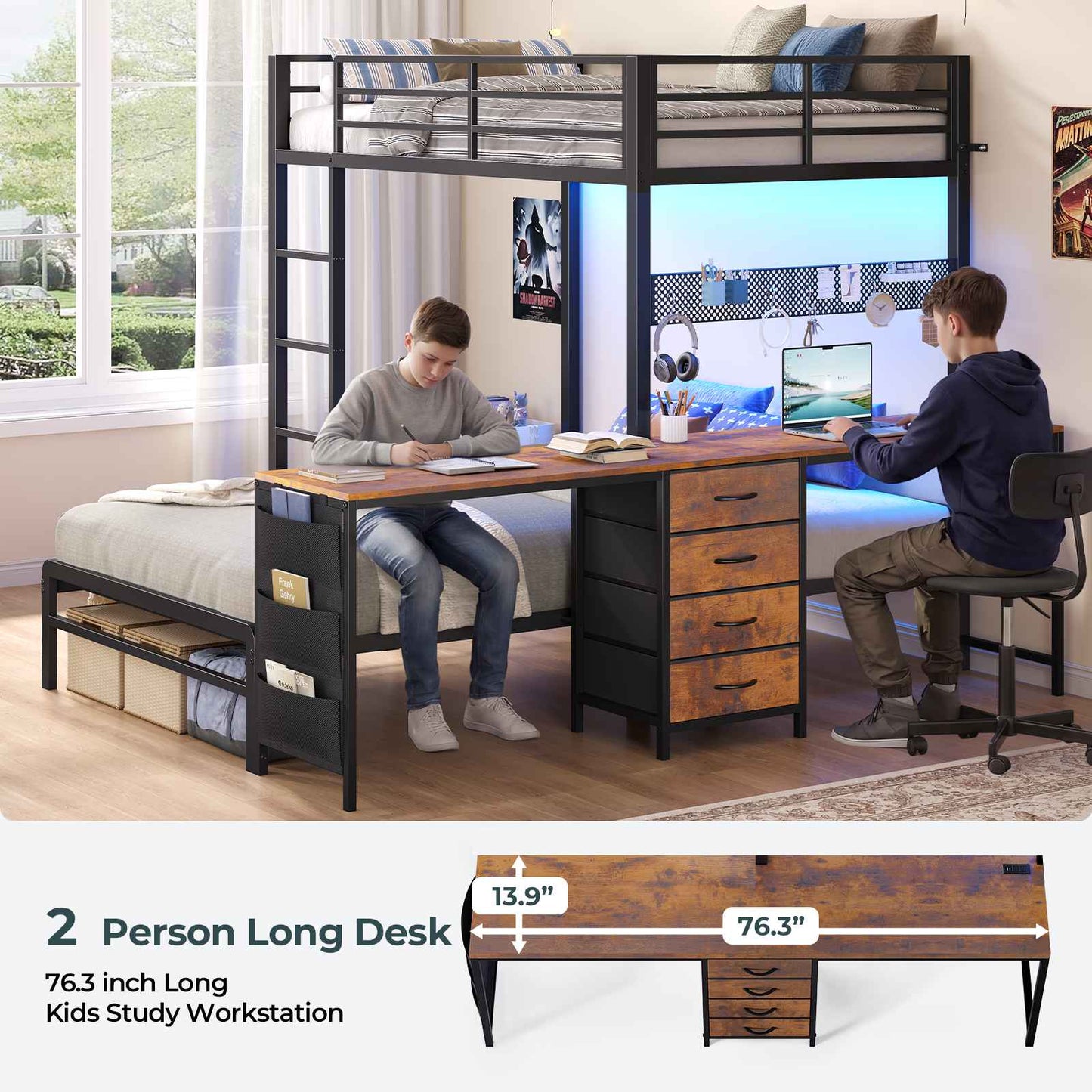 ADORNEVE Bunk Bed Twin Over Twin with 2 Person Desk and 4 Storage Drawers Metal LED Twin Bunk Bed with Power Strips and Pegboard Safety Guardrail