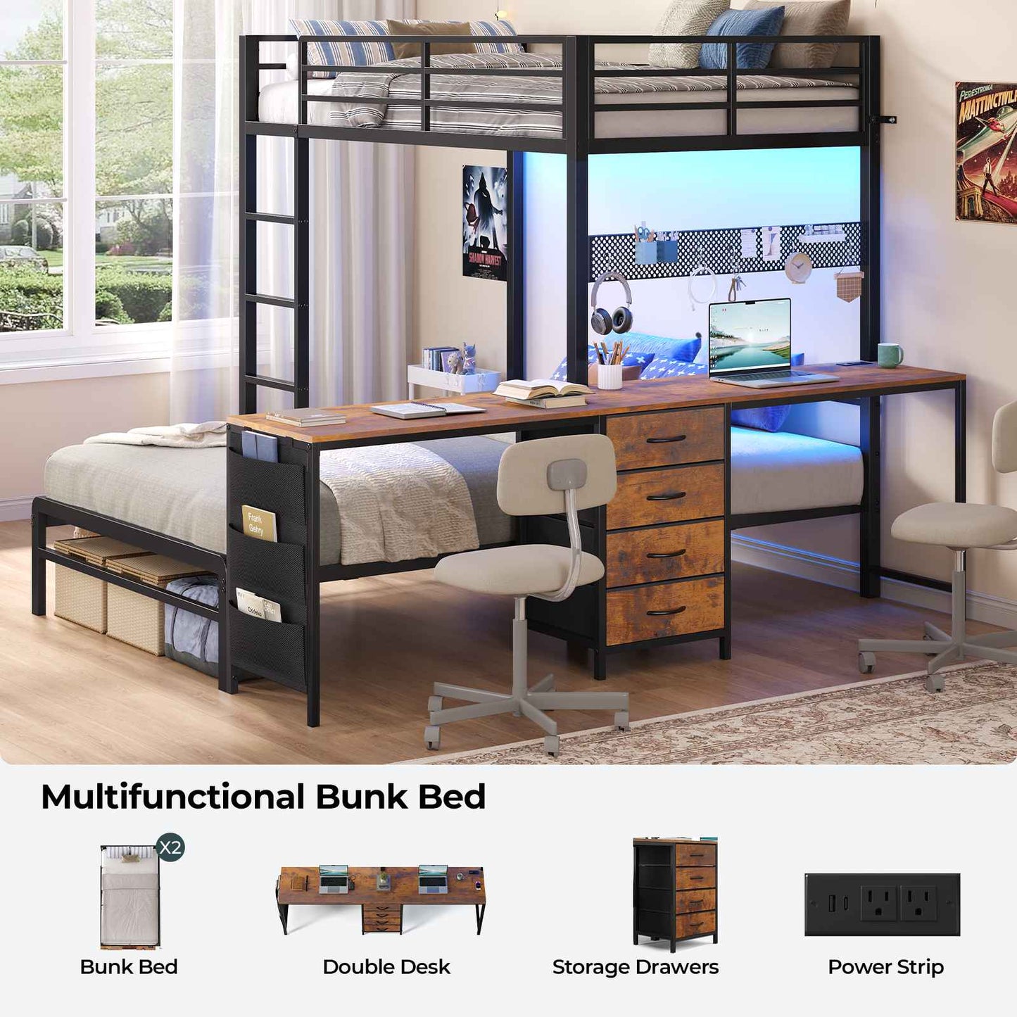 ADORNEVE Bunk Bed Twin Over Twin with 2 Person Desk and 4 Storage Drawers Metal LED Twin Bunk Bed with Power Strips and Pegboard Safety Guardrail