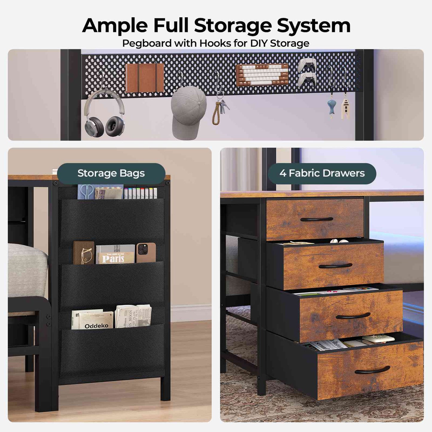 ADORNEVE Bunk Bed Twin Over Twin with 2 Person Desk and 4 Storage Drawers Metal LED Twin Bunk Bed with Power Strips and Pegboard Safety Guardrail