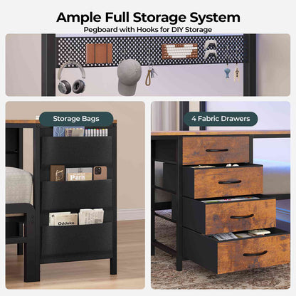ADORNEVE Bunk Bed Twin Over Twin with 2 Person Desk and 4 Storage Drawers Metal LED Twin Bunk Bed with Power Strips and Pegboard Safety Guardrail