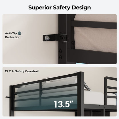 ADORNEVE Bunk Bed Twin Over Twin with 2 Person Desk and 4 Storage Drawers Metal LED Twin Bunk Bed with Power Strips and Pegboard Safety Guardrail