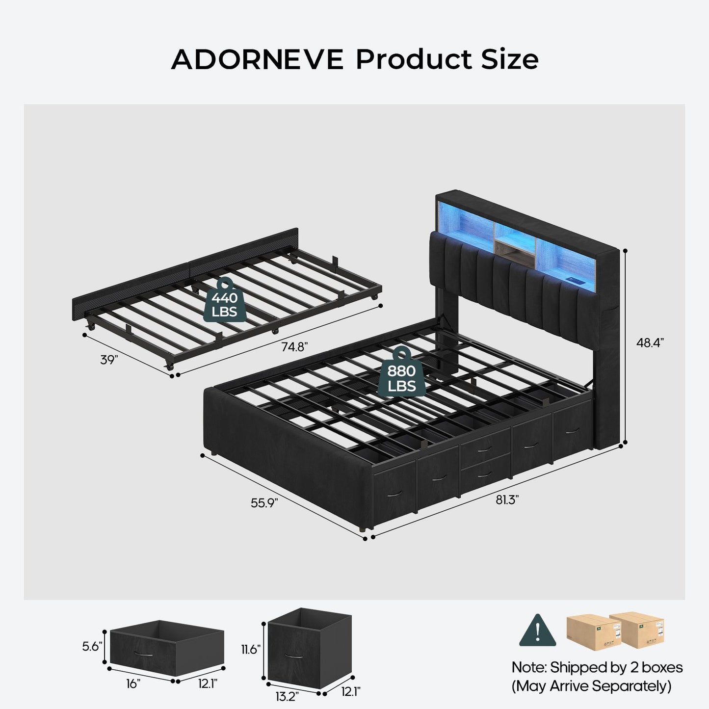 ADORNEVE Full Bed Frame with 6 Drawers and Trundle LED Velvet Platform Bed with Storage Headboard for Small Apartment Guest Room