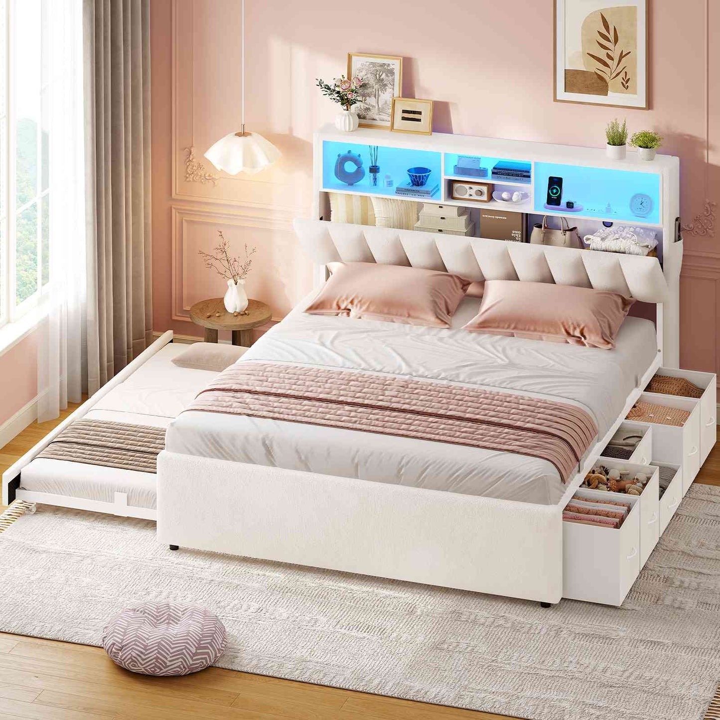ADORNEVE Full Bed Frame with 6 Drawers and Trundle LED Velvet Platform Bed with Storage Headboard for Small Apartment Guest Room