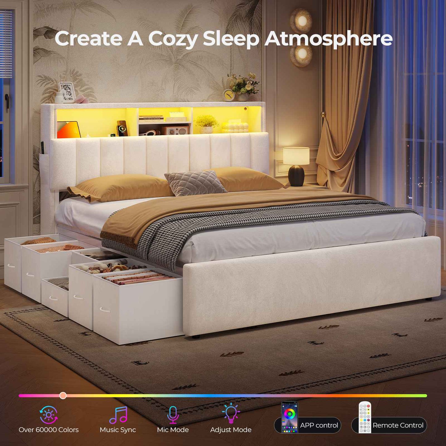 ADORNEVE Full Bed Frame with 6 Drawers and Trundle LED Velvet Platform Bed with Storage Headboard for Small Apartment Guest Room