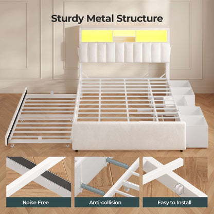 ADORNEVE Full Bed Frame with 6 Drawers and Trundle LED Velvet Platform Bed with Storage Headboard for Small Apartment Guest Room