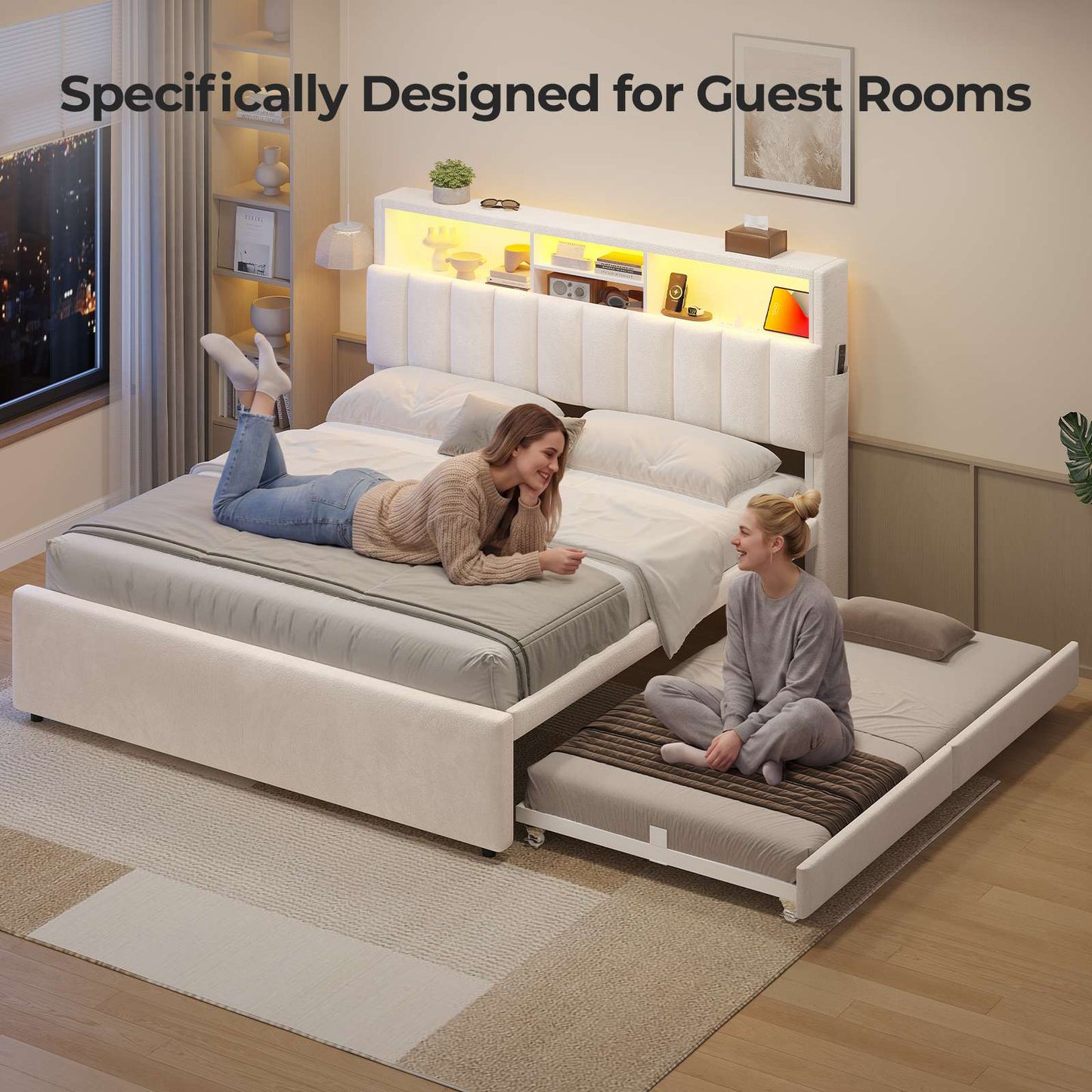 ADORNEVE Full Bed Frame with 6 Drawers and Trundle LED Velvet Platform Bed with Storage Headboard for Small Apartment Guest Room