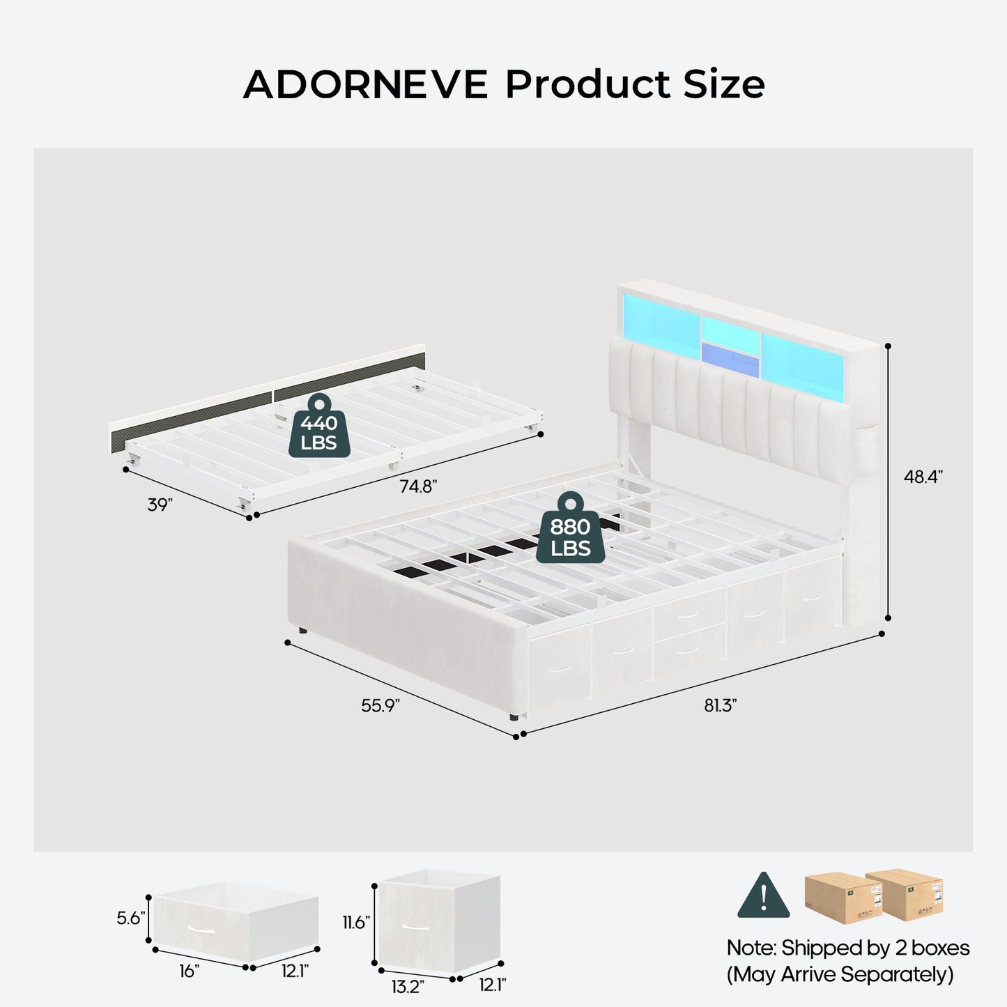 ADORNEVE Full Bed Frame with 6 Drawers and Trundle LED Velvet Platform Bed with Storage Headboard for Small Apartment Guest Room
