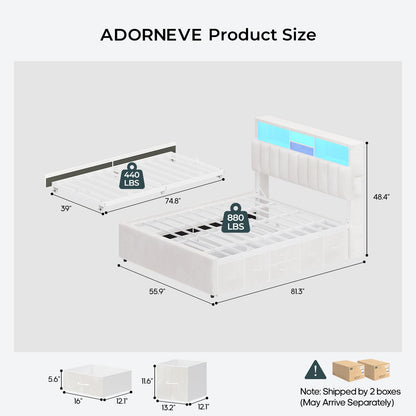 ADORNEVE Full Bed Frame with 6 Drawers and Trundle LED Velvet Platform Bed with Storage Headboard for Small Apartment Guest Room