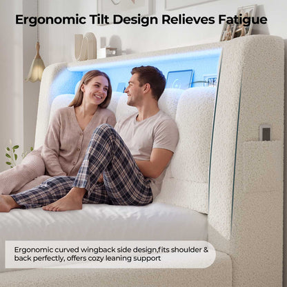 ADORNEVE Cloud Queen Upholstered Bed Frame with LED Lights and Charging Station Foam Fully Cushioned Platform Soft Rounded Corners Rounded Corners Design