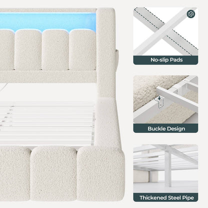 ADORNEVE Cloud Queen Upholstered Bed Frame with LED Lights and Charging Station Foam Fully Cushioned Platform Soft Rounded Corners Rounded Corners Design